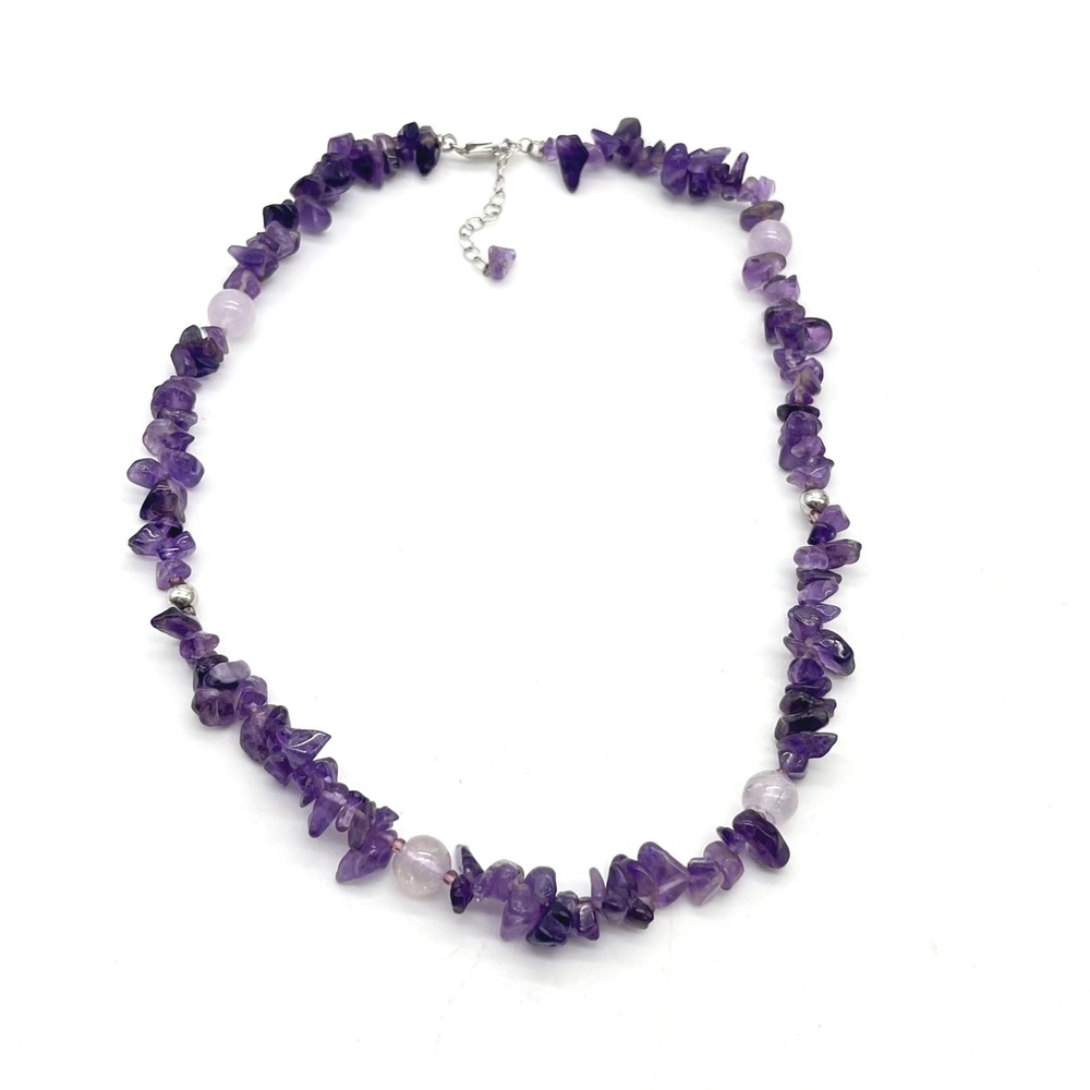 Amethyst Chip Necklace Purple Raw Crystal Beaded 925 Sterling Silver Clasp 18in